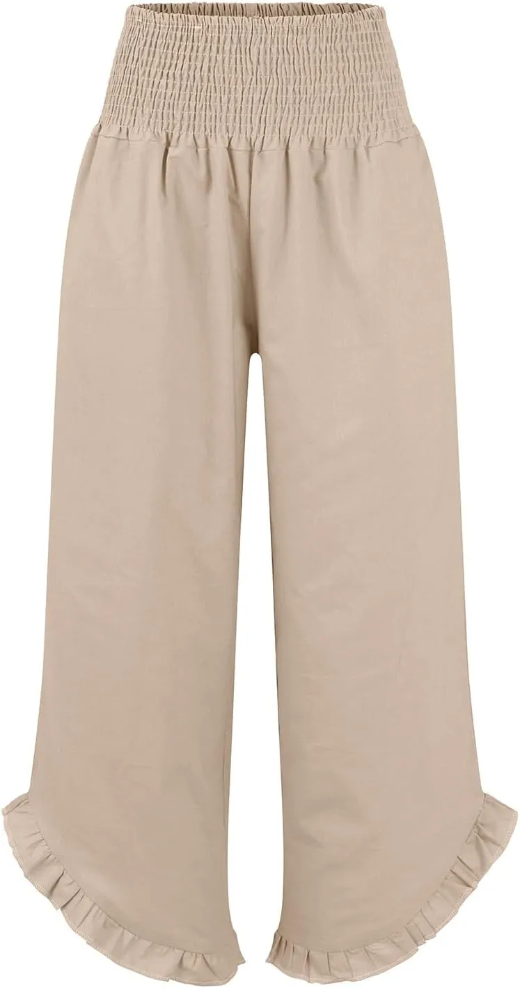 Women's Fashion Pants,Summer Wide Leg Casual Elastic High Waist Irregular Palazzo Pants with Pockets