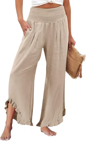 Women's Fashion Pants,Summer Wide Leg Casual Elastic High Waist Irregular Palazzo Pants with Pockets