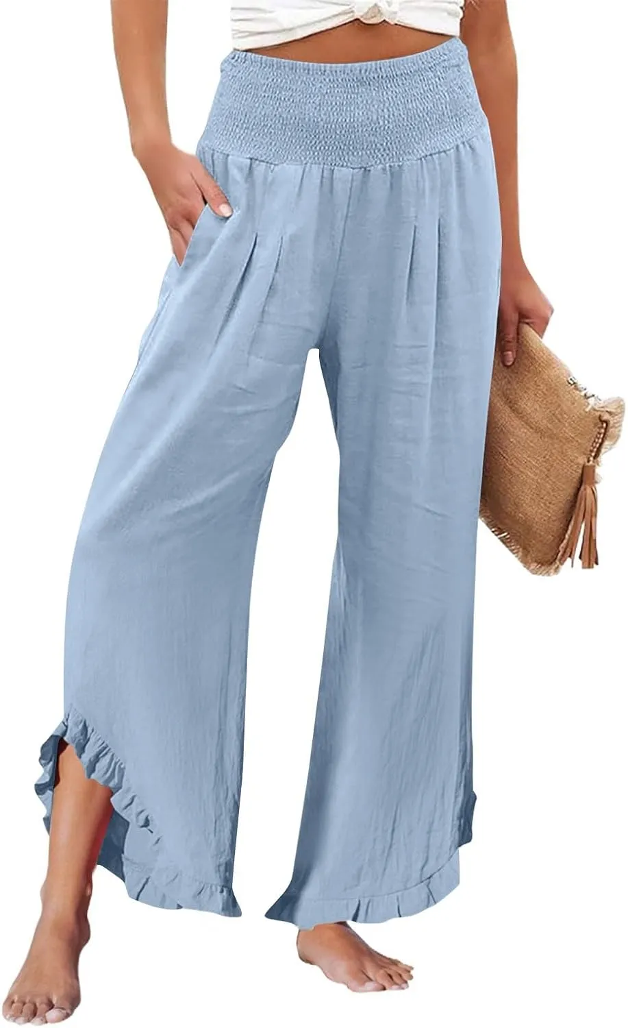 Women's Fashion Pants,Summer Wide Leg Casual Elastic High Waist Irregular Palazzo Pants with Pockets