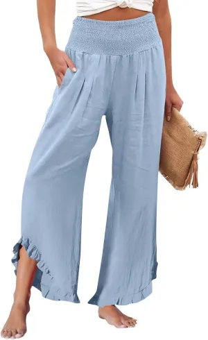 Women's Fashion Pants,Summer Wide Leg Casual Elastic High Waist Irregular Palazzo Pants with Pockets