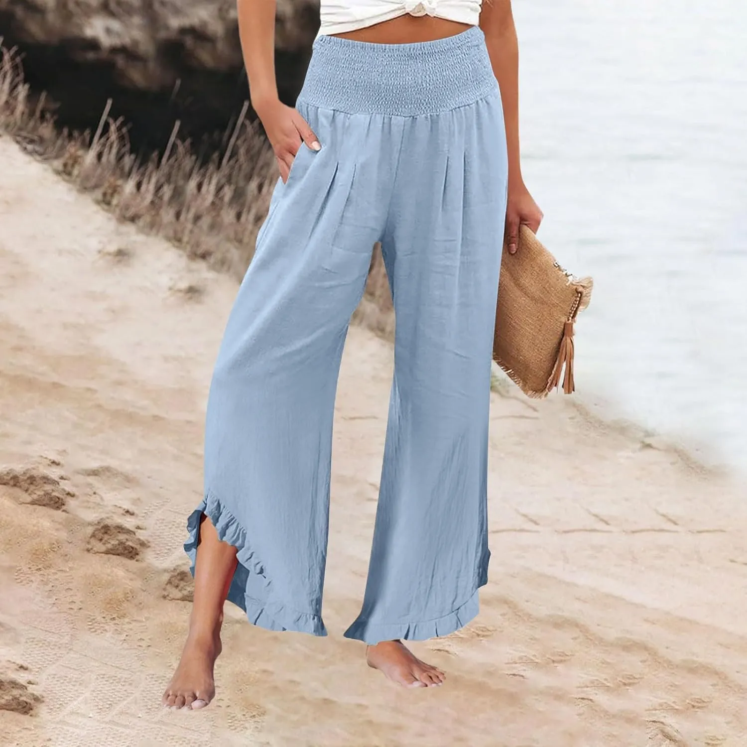 Women's Fashion Pants,Summer Wide Leg Casual Elastic High Waist Irregular Palazzo Pants with Pockets
