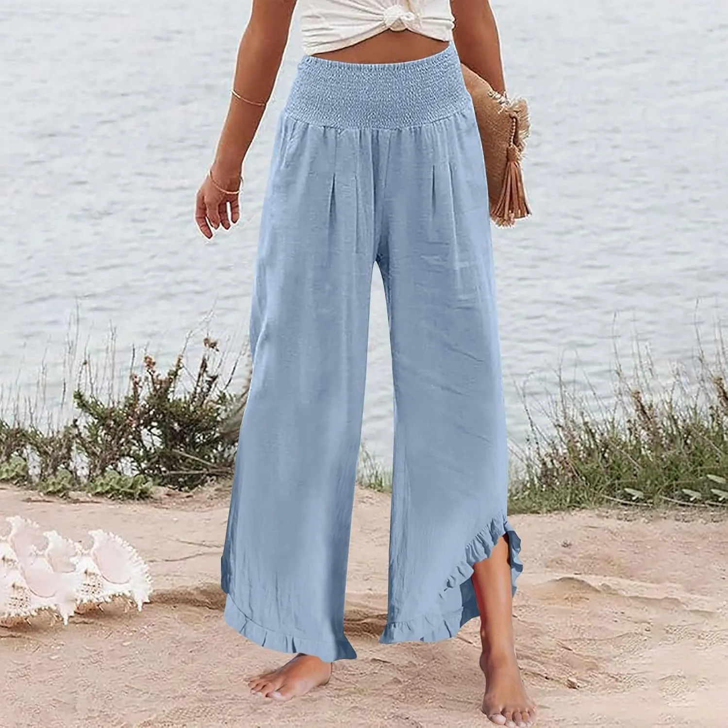 Women's Fashion Pants,Summer Wide Leg Casual Elastic High Waist Irregular Palazzo Pants with Pockets