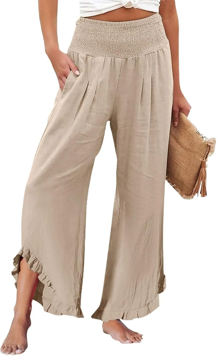 Women's Fashion Pants,Summer Wide Leg Casual Elastic High Waist Irregular Palazzo Pants with Pockets