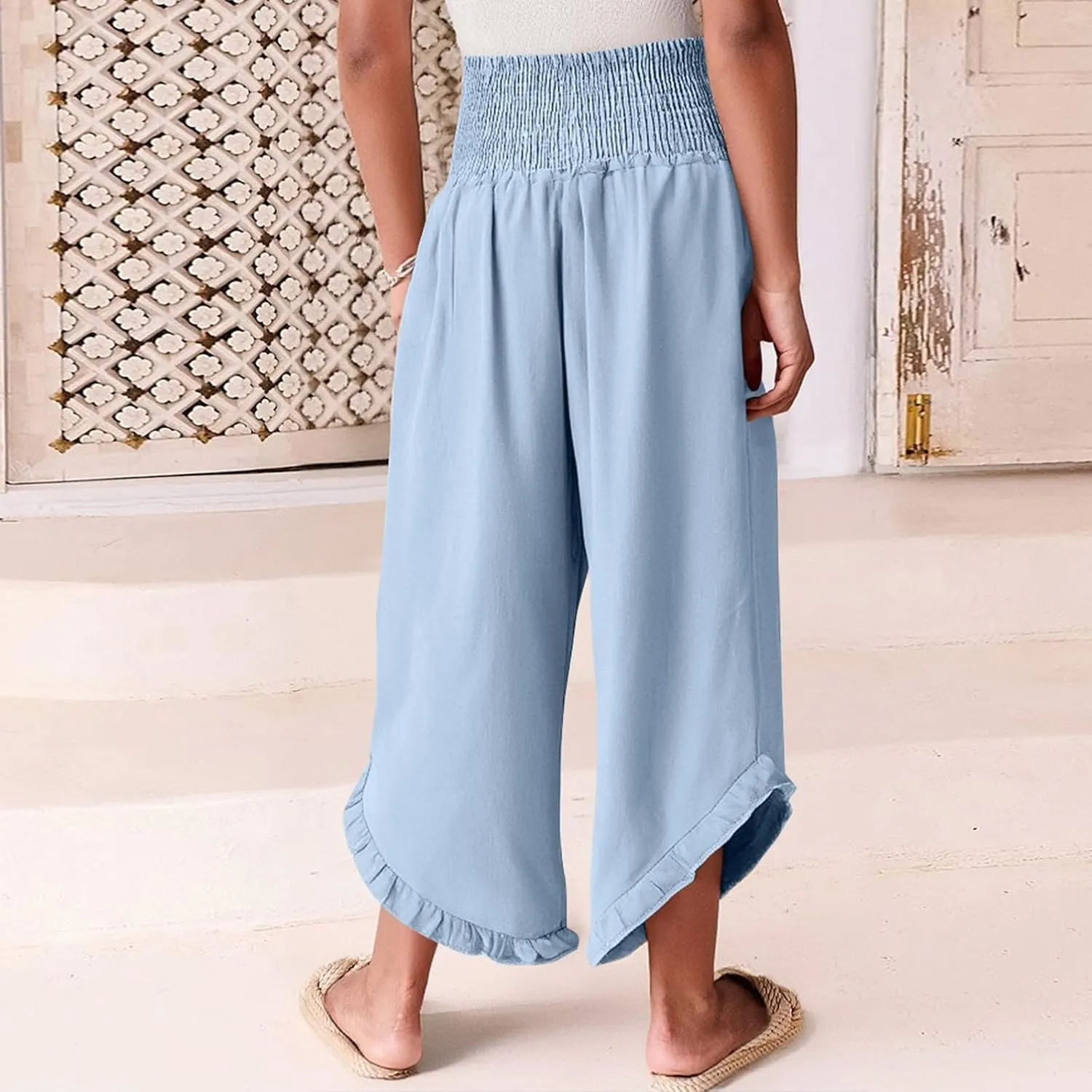 Women's Fashion Pants,Summer Wide Leg Casual Elastic High Waist Irregular Palazzo Pants with Pockets