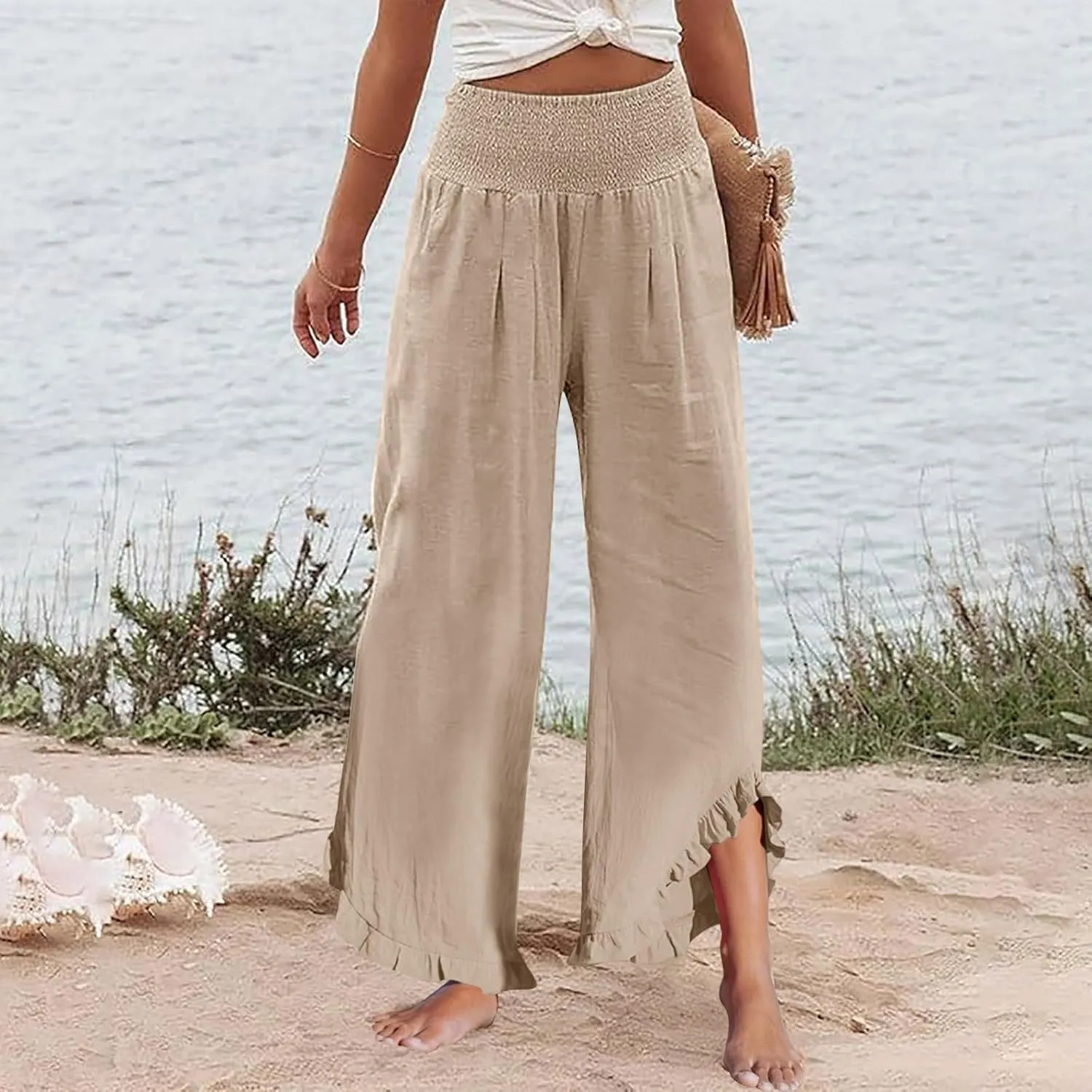 Women's Fashion Pants,Summer Wide Leg Casual Elastic High Waist Irregular Palazzo Pants with Pockets