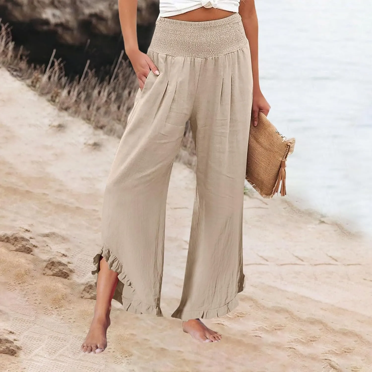 Women's Fashion Pants,Summer Wide Leg Casual Elastic High Waist Irregular Palazzo Pants with Pockets