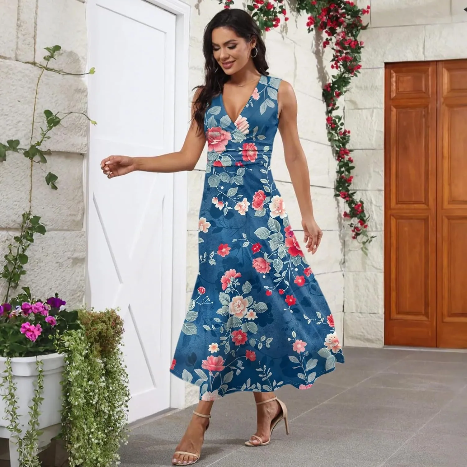 Women's Flowy Dresses Sleeveless V Neck Floral Empire Waist Beach Summer A Line Maxi Sundresses, S-2XL