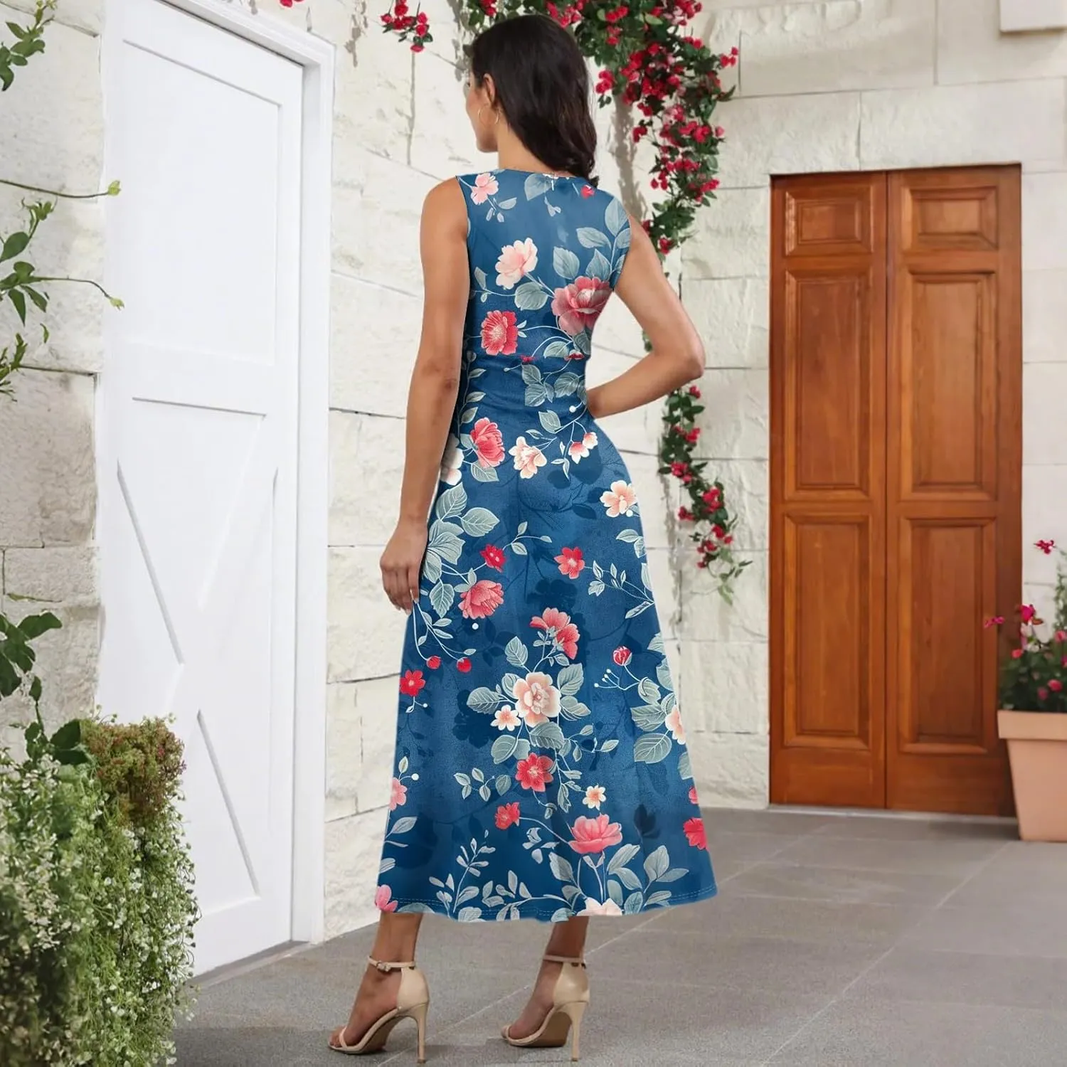 Women's Flowy Dresses Sleeveless V Neck Floral Empire Waist Beach Summer A Line Maxi Sundresses, S-2XL