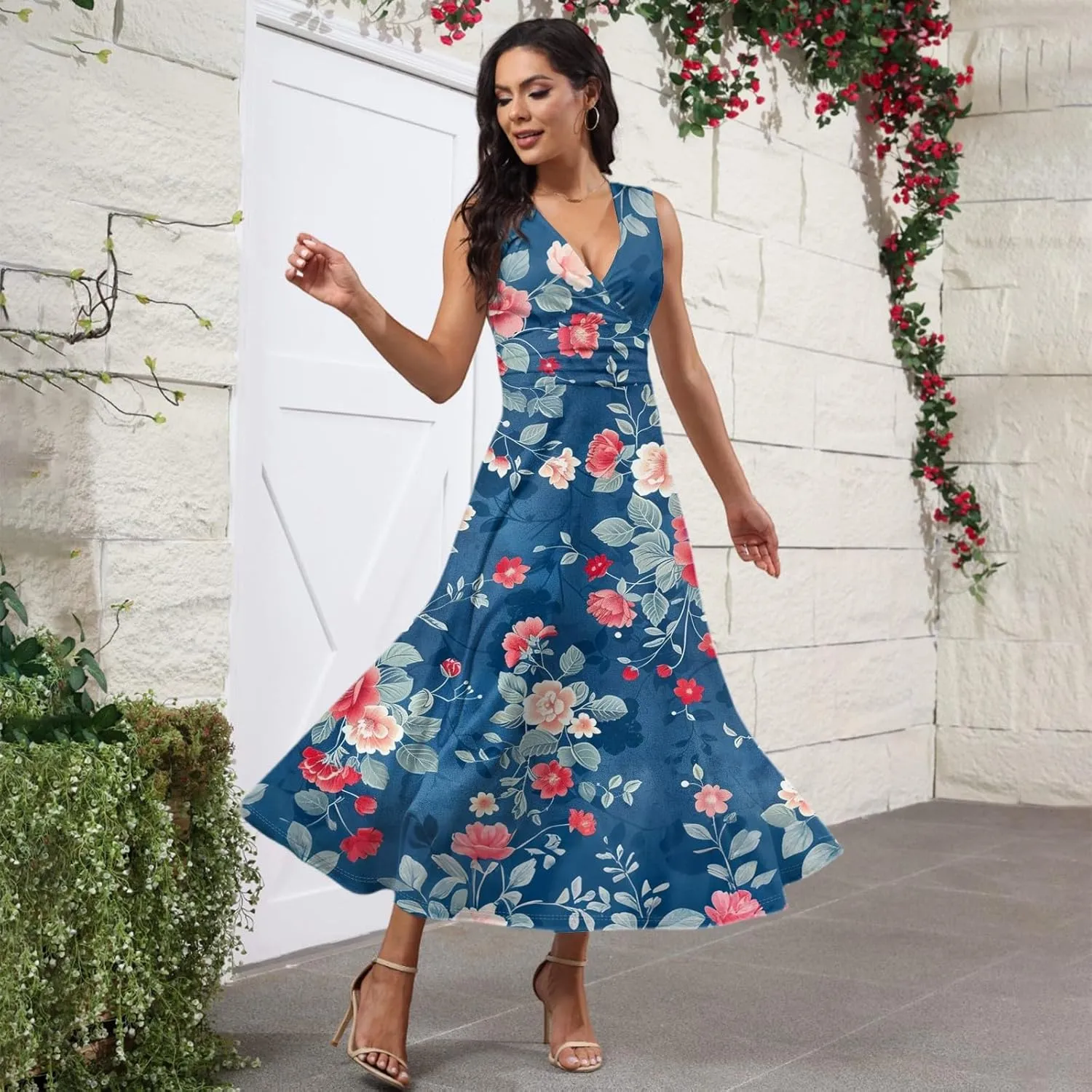 Women's Flowy Dresses Sleeveless V Neck Floral Empire Waist Beach Summer A Line Maxi Sundresses, S-2XL