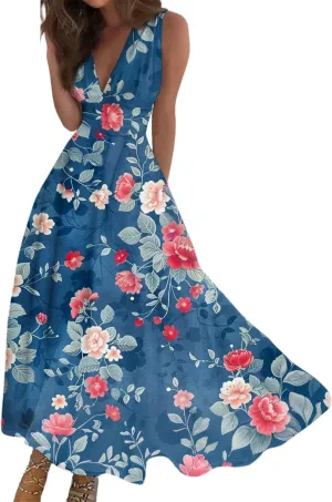 Women's Flowy Dresses Sleeveless V Neck Floral Empire Waist Beach Summer A Line Maxi Sundresses, S-2XL