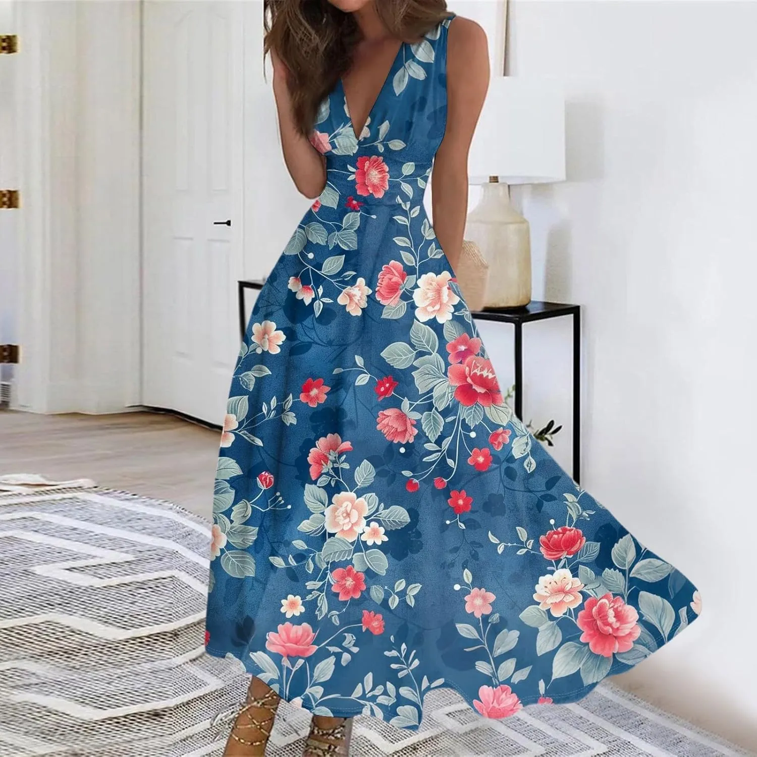 Women's Flowy Dresses Sleeveless V Neck Floral Empire Waist Beach Summer A Line Maxi Sundresses, S-2XL