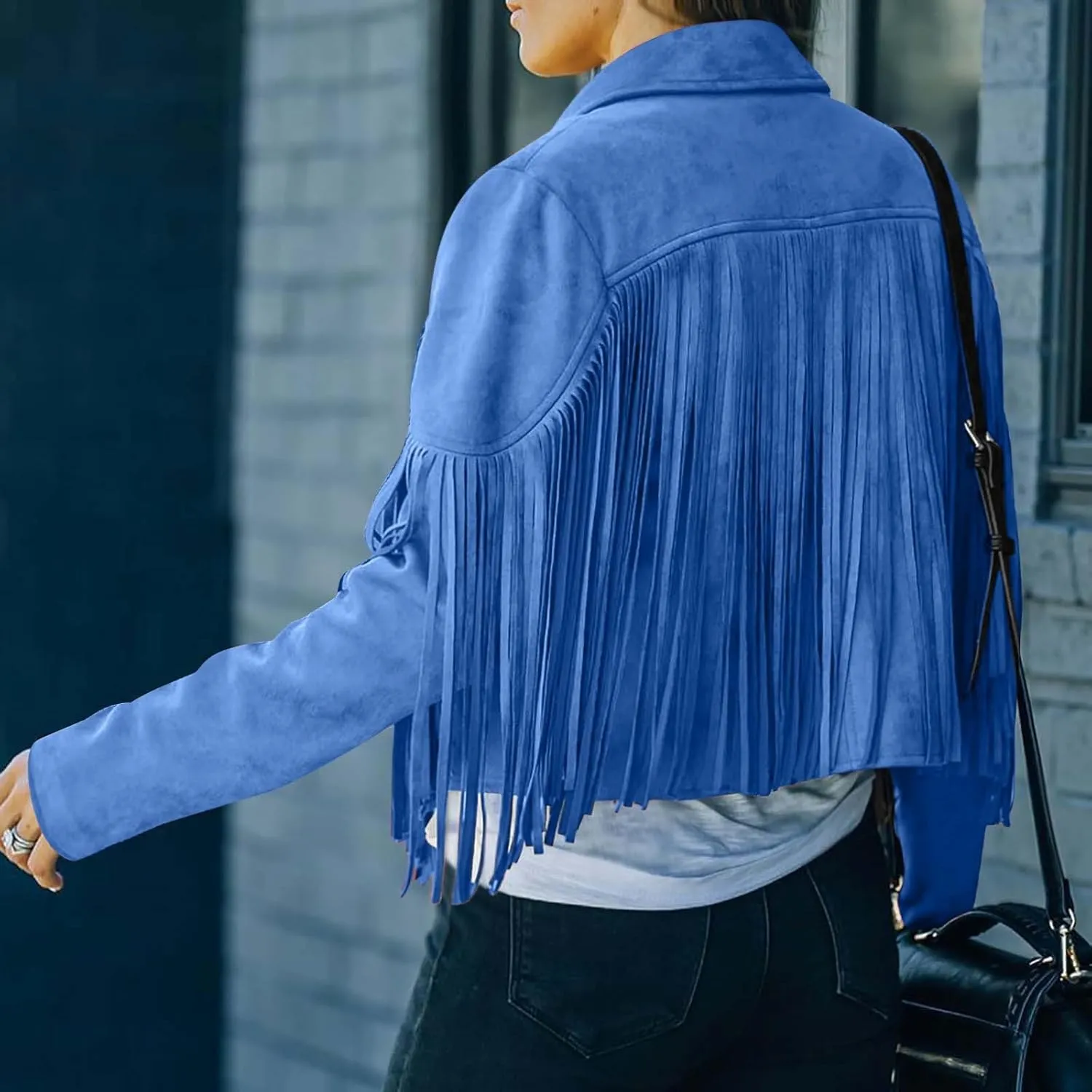 Women's Fringe Jacket Faux Suede Leather Jackets Fashion Tassel Moto Biker Cropped Coats Cardigan 70s Hippie Clothes