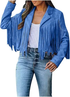 Women's Fringe Jacket Faux Suede Leather Jackets Fashion Tassel Moto Biker Cropped Coats Cardigan 70s Hippie Clothes