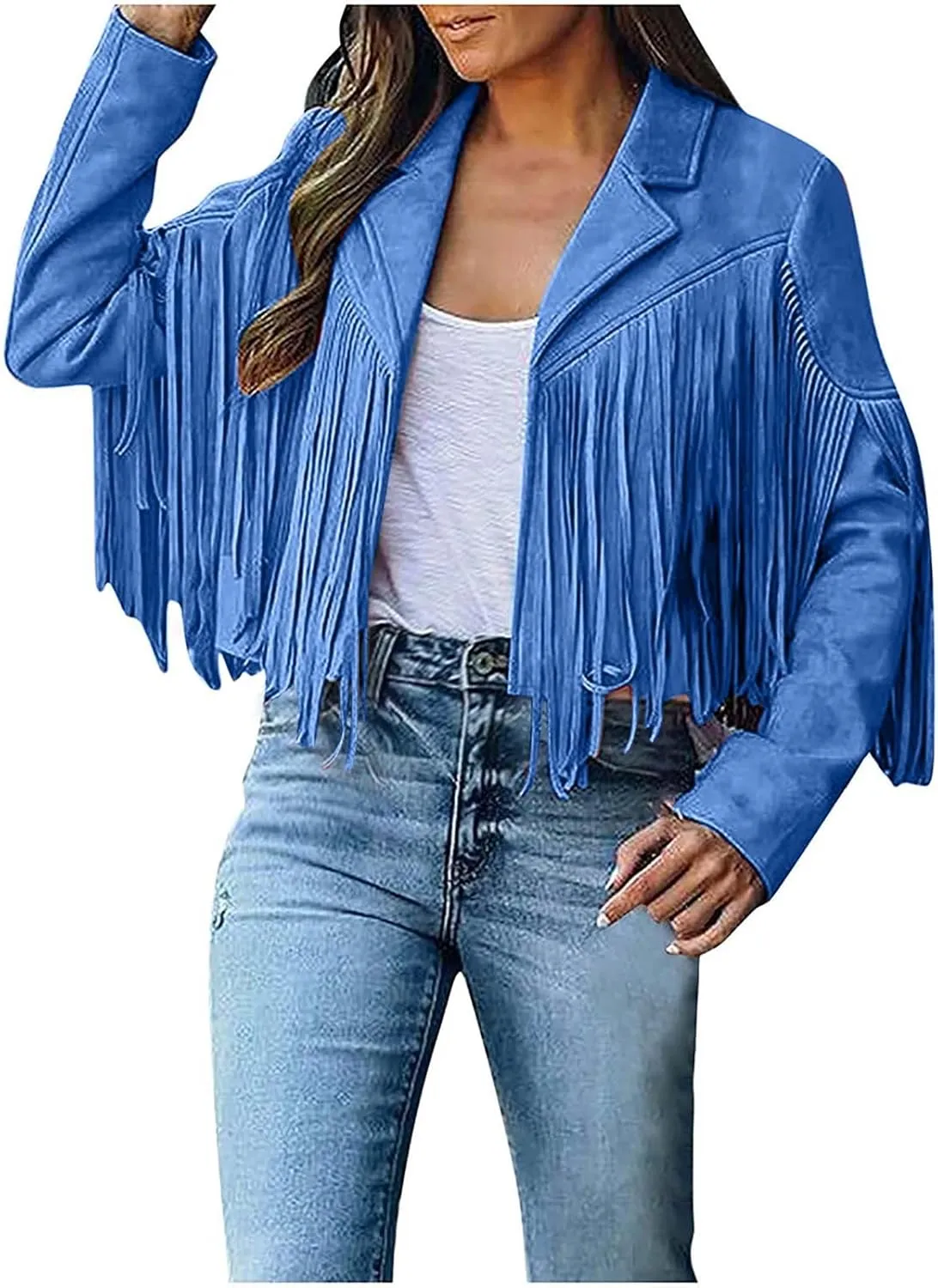 Women's Fringe Jacket Faux Suede Leather Jackets Fashion Tassel Moto Biker Cropped Coats Cardigan 70s Hippie Clothes