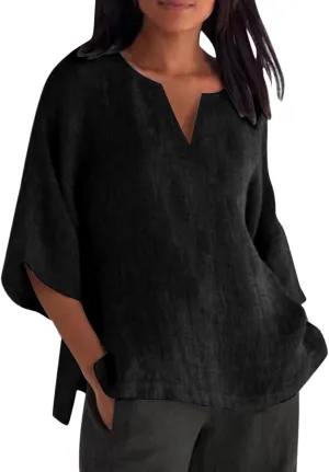Women's Linen Tops Shirts,Summer Trendy Casual Loose Fit Jacquard Tunic Blouse 3/4 Sleeve Crew Neck Breathable Tshirts