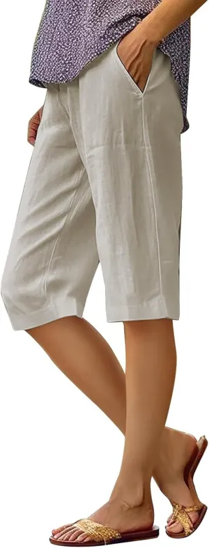 Women's Pedal Pushers Capri Jogger Pants Casual Linen Shorts Summer Lightweight Baggy Cropped Pant with Pocket