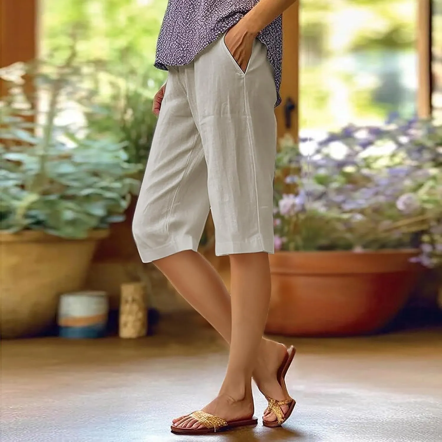 Women's Pedal Pushers Capri Jogger Pants Casual Linen Shorts Summer Lightweight Baggy Cropped Pant with Pocket