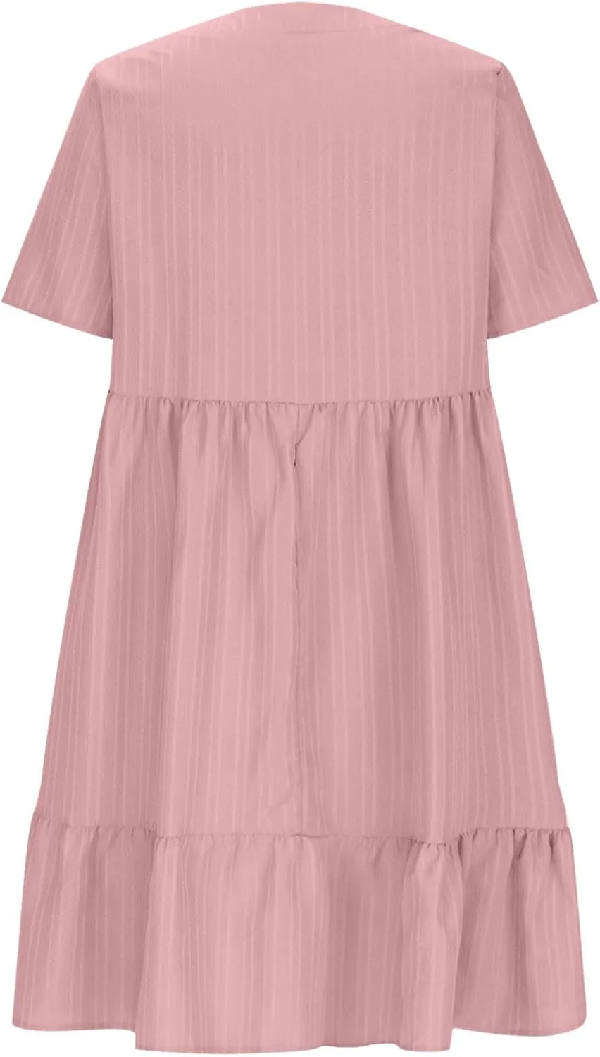 Womens Summer Short Sleeve Dresses V Neck Casual Solid Ruffle Tiered Layered Flowy A-Line Dress 2025 Beach Vacation