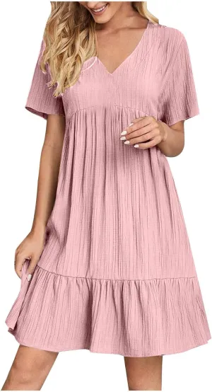 Womens Summer Short Sleeve Dresses V Neck Casual Solid Ruffle Tiered Layered Flowy A-Line Dress 2025 Beach Vacation
