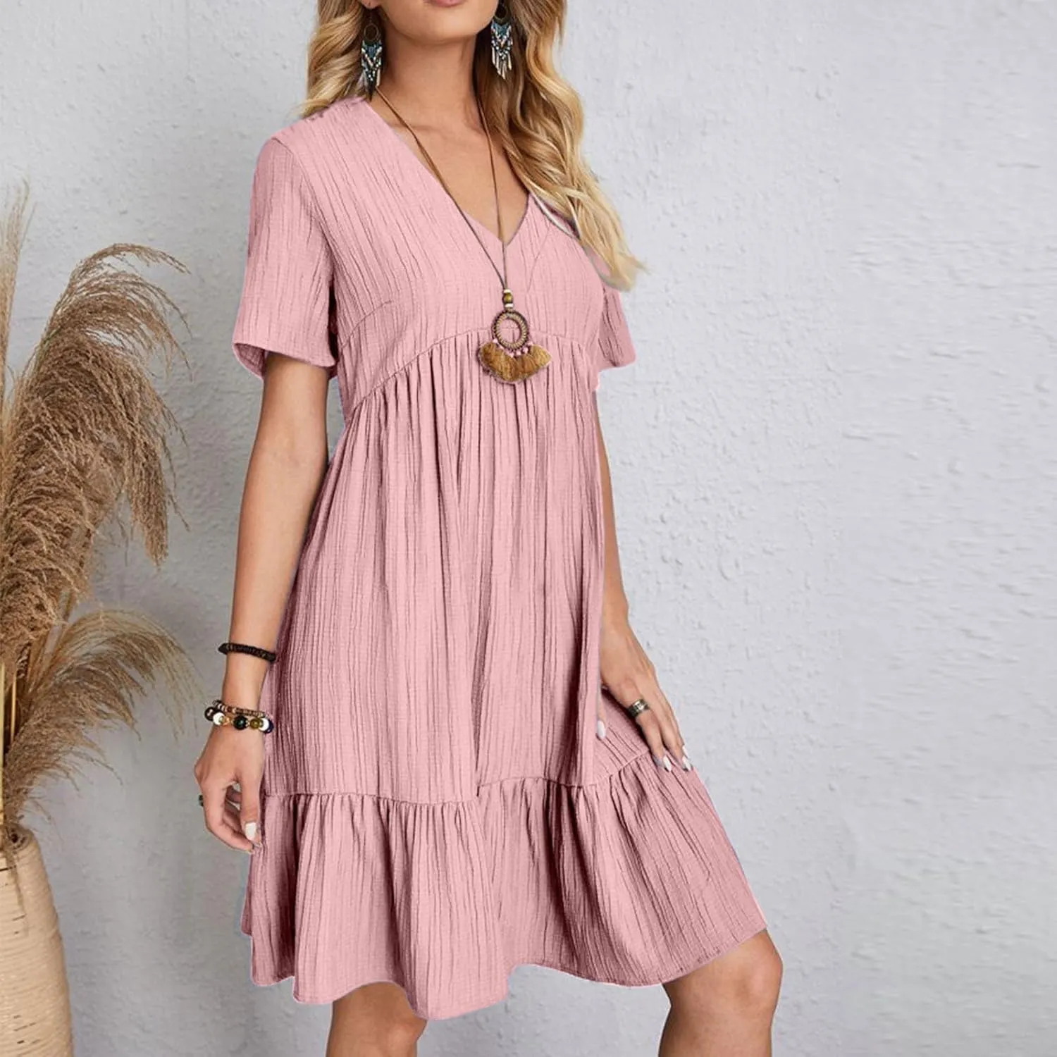 Womens Summer Short Sleeve Dresses V Neck Casual Solid Ruffle Tiered Layered Flowy A-Line Dress 2025 Beach Vacation
