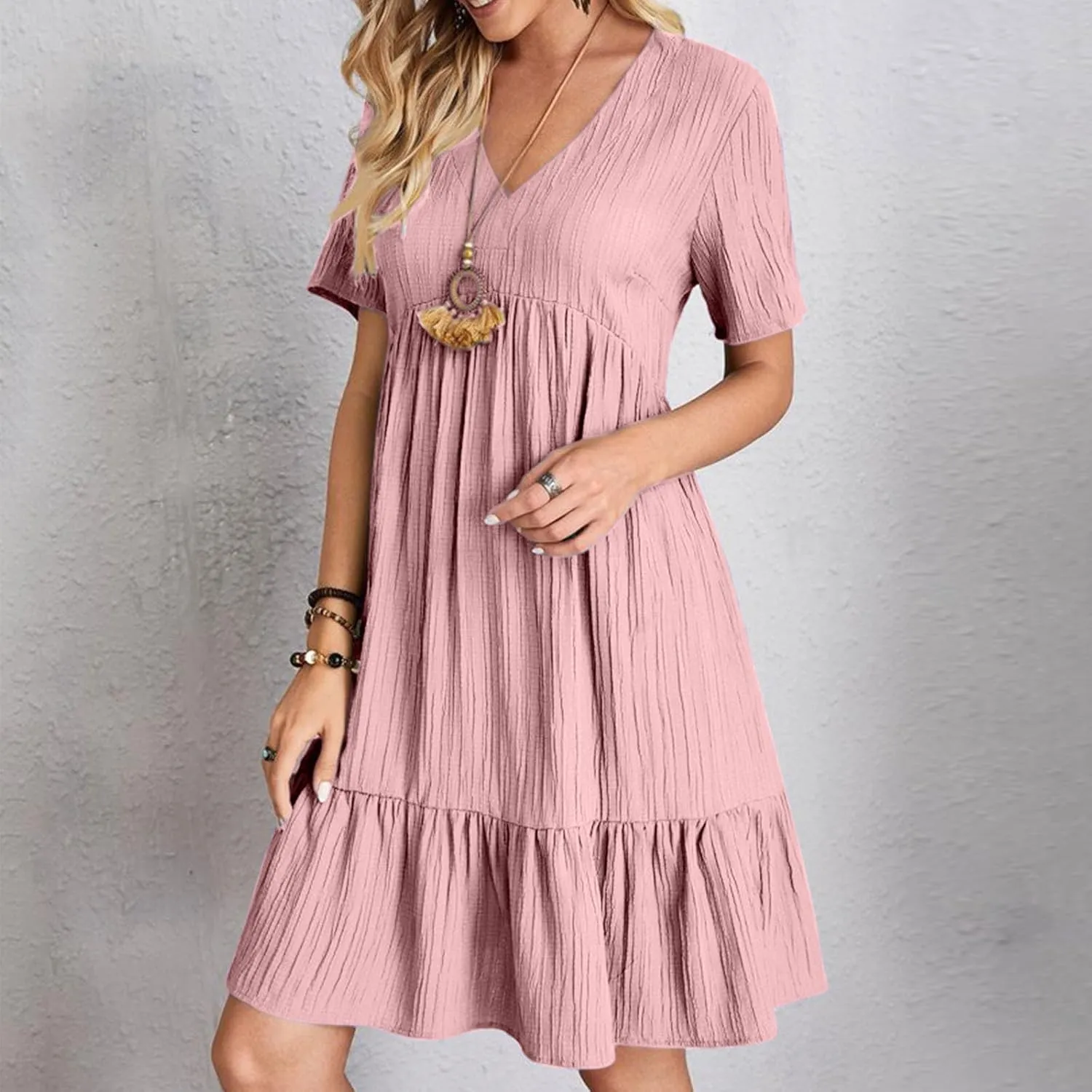 Womens Summer Short Sleeve Dresses V Neck Casual Solid Ruffle Tiered Layered Flowy A-Line Dress 2025 Beach Vacation