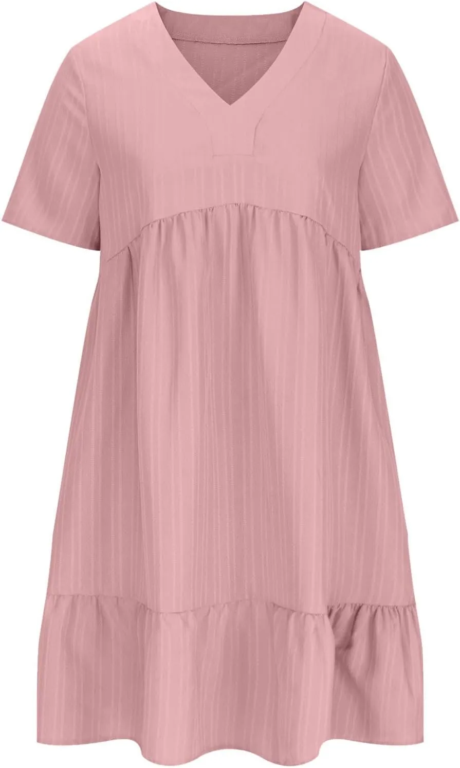Womens Summer Short Sleeve Dresses V Neck Casual Solid Ruffle Tiered Layered Flowy A-Line Dress 2025 Beach Vacation