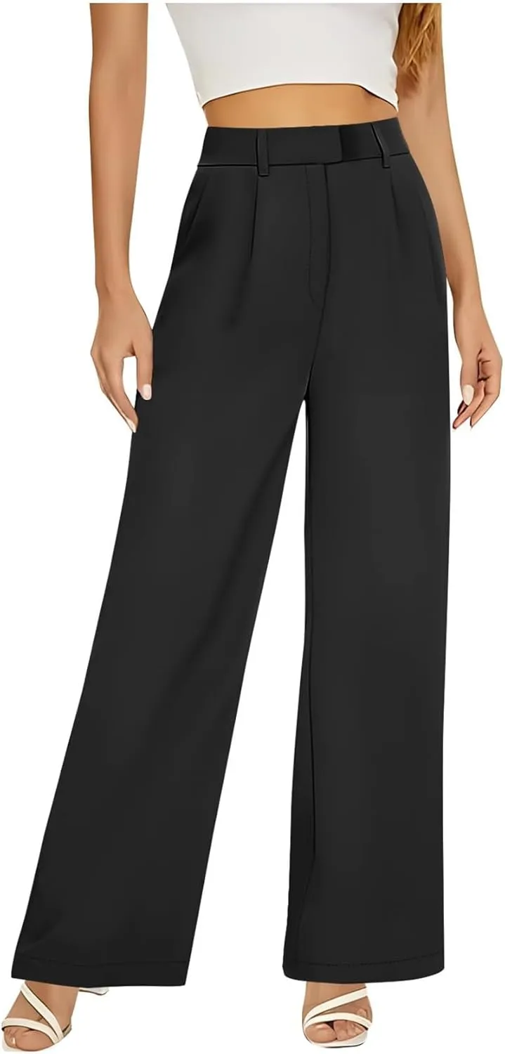 Women's Wide Leg Dress Pants 2025 Summer High Waisted Elastic Back Business Office Work Casual Palazzo Trousers with Pockets