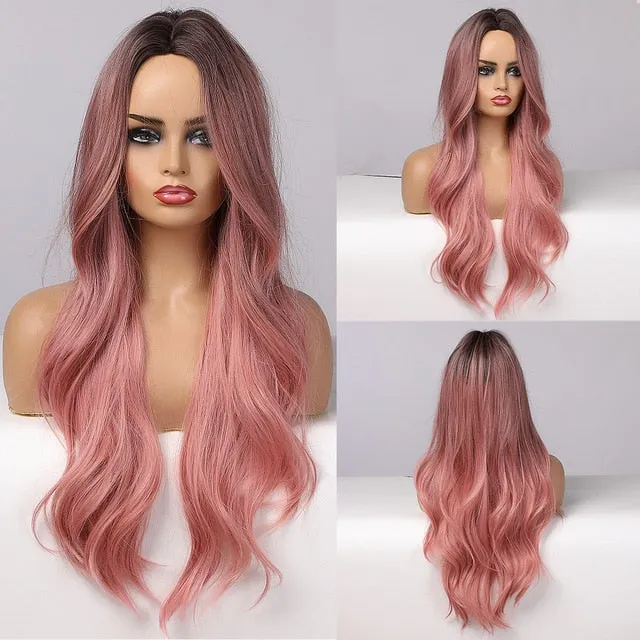 Yeknu Long Ombre Light Ash Brown Blonde Wavy Wig Cosplay Party Daily Synthetic Wig for Women High Density Temperature Fibre