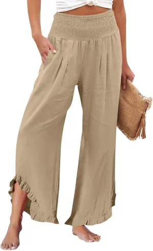 Yesunpxs Womens Pants 2025 Summer Wide Leg Beach Capris Lightweight High Waist Ruffle Flowy Palazzo Pant Boho Casual Trousers