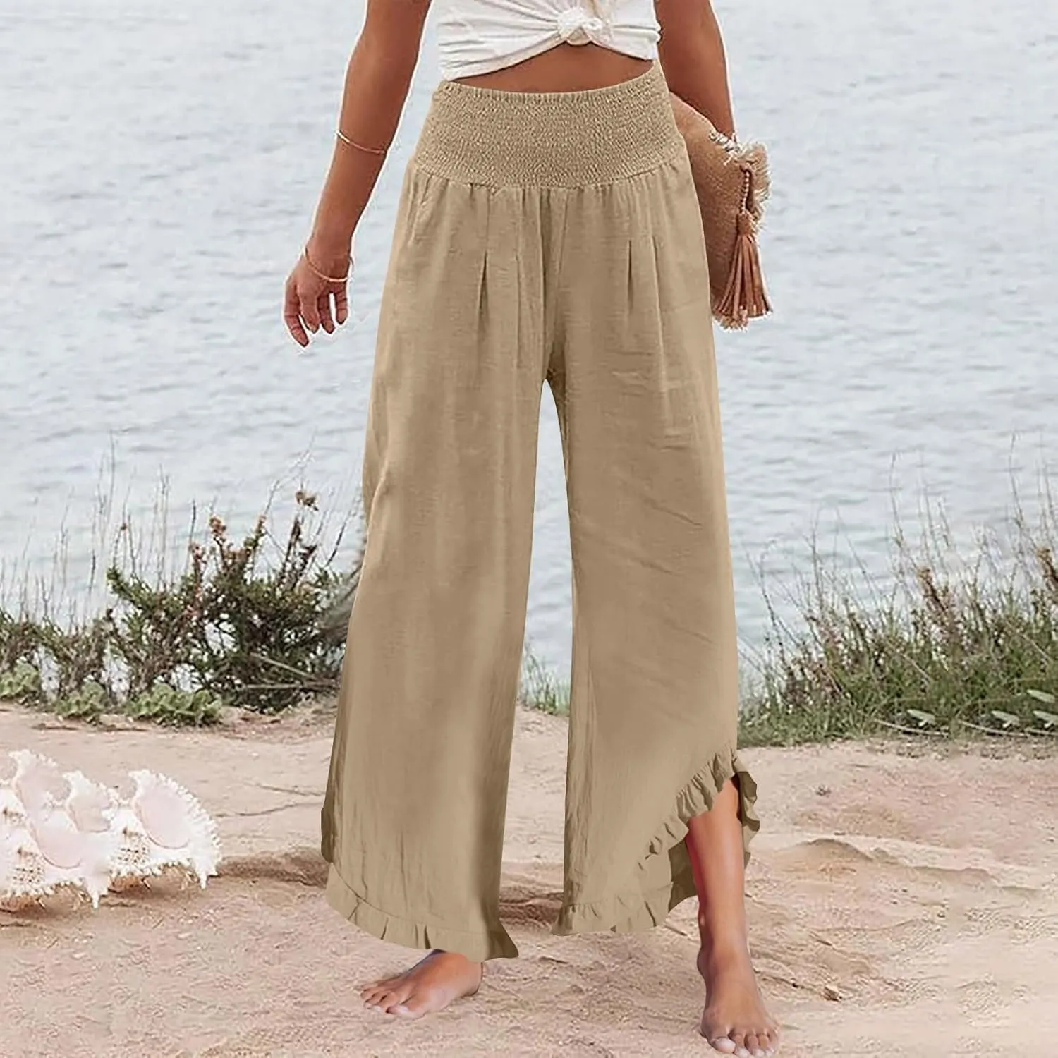 Yesunpxs Womens Pants 2025 Summer Wide Leg Beach Capris Lightweight High Waist Ruffle Flowy Palazzo Pant Boho Casual Trousers