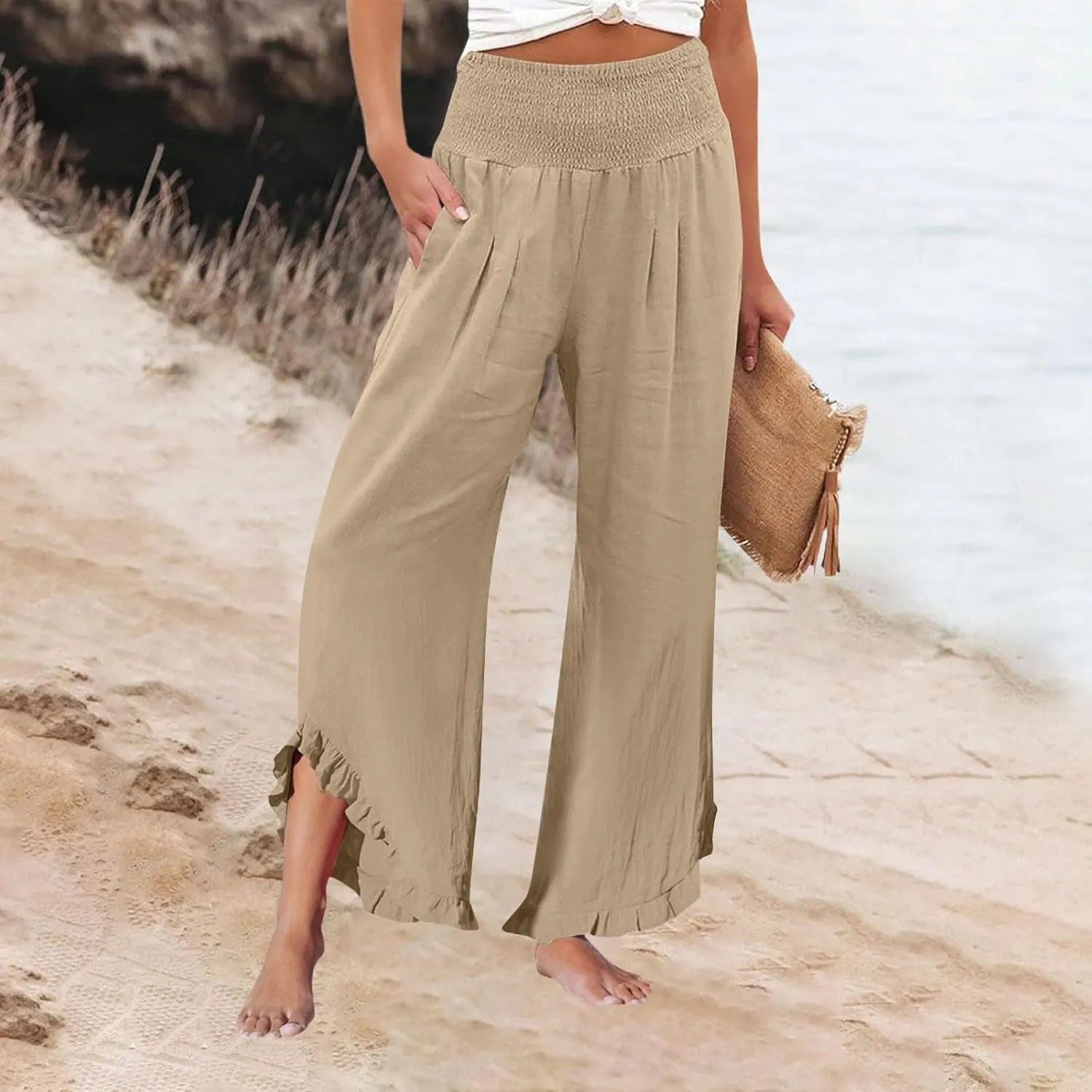 Yesunpxs Womens Pants 2025 Summer Wide Leg Beach Capris Lightweight High Waist Ruffle Flowy Palazzo Pant Boho Casual Trousers