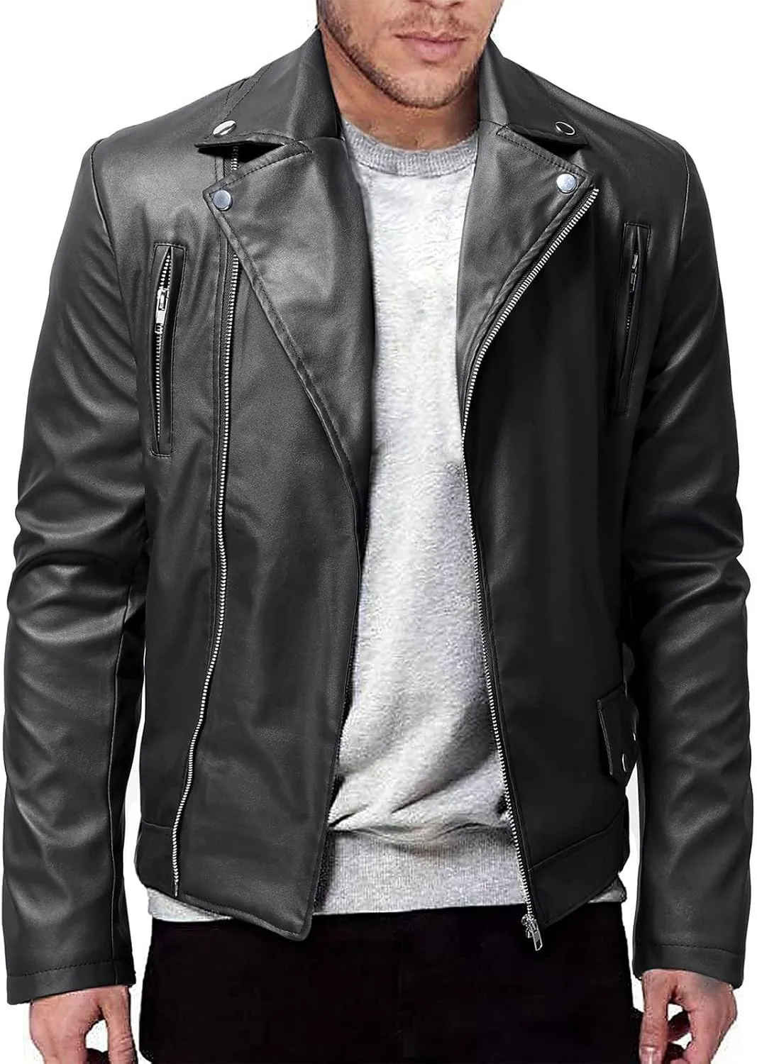 Ymosrh Men's Leather Motorcycle Jacket Racer Faux Distressed Jacket Mens, XXL-5XL